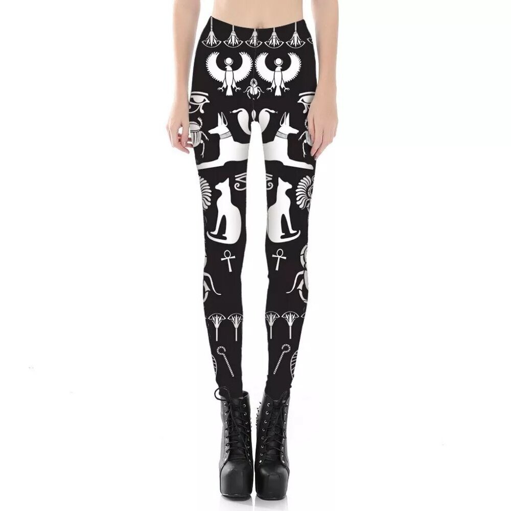 Lotus Leggings Black & White Egyptian Pants Cat Dog Snake Ankh Eye of Horus Ra L